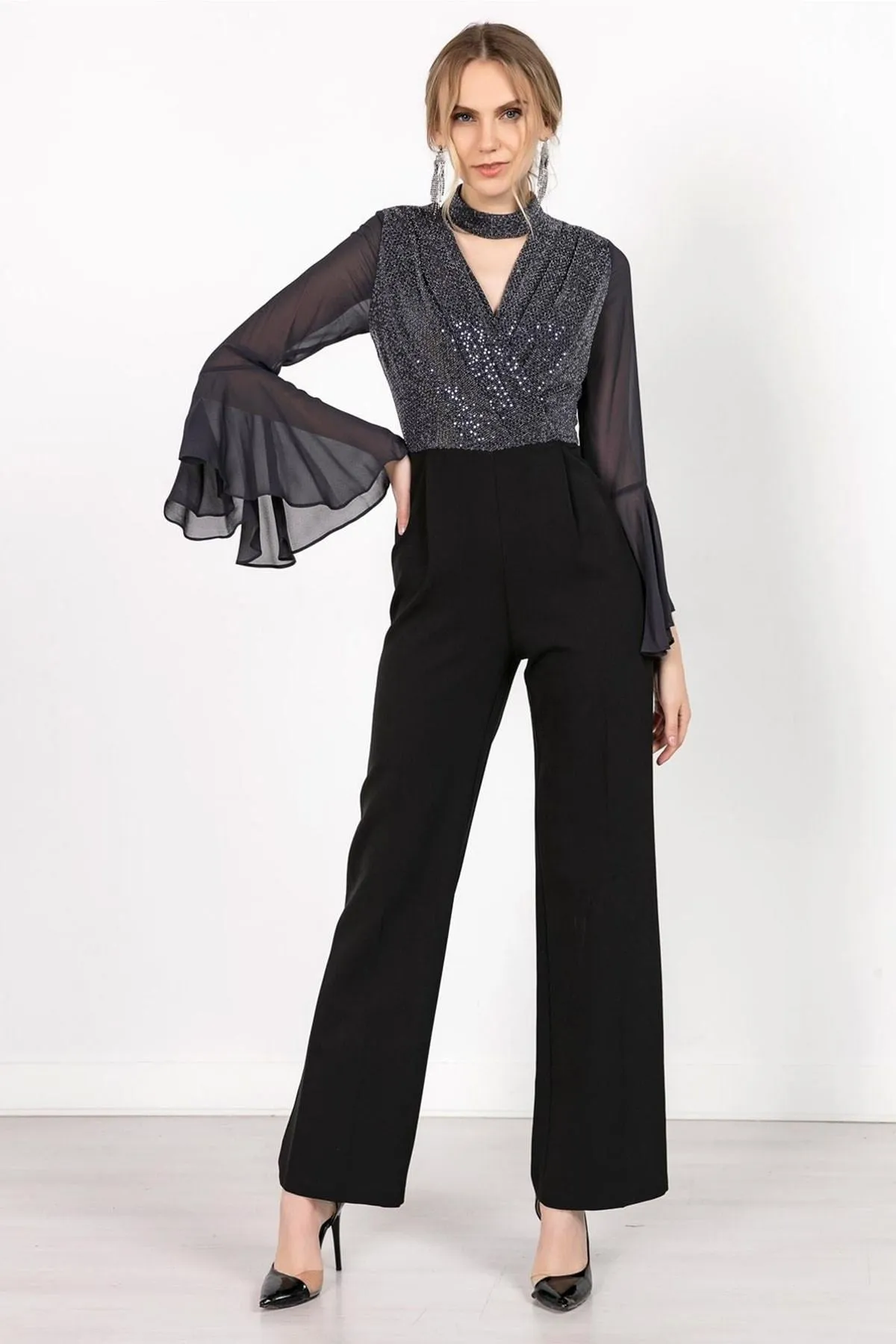 16254 Anthracite Sequin Top Chiffon Sleeve Jumpsuit