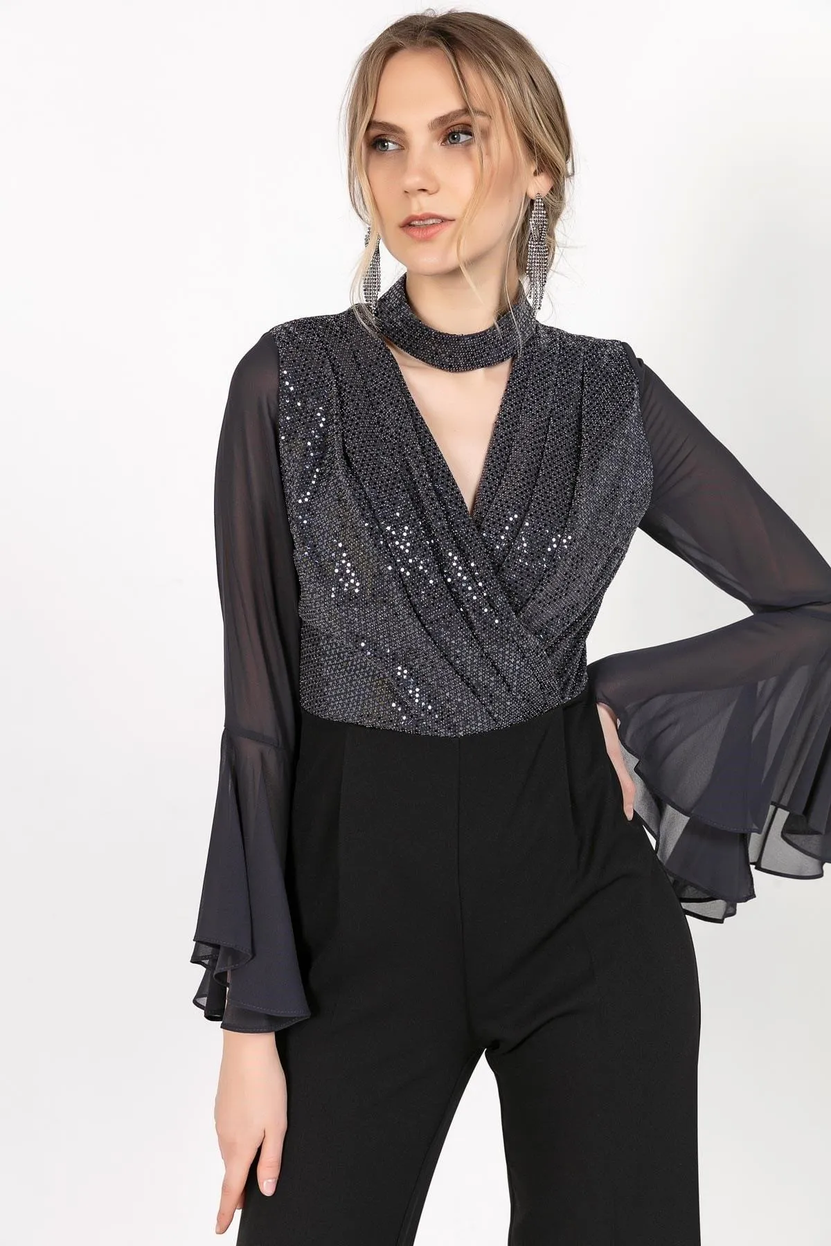 16254 Anthracite Sequin Top Chiffon Sleeve Jumpsuit