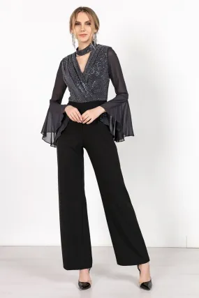 16254 Anthracite Sequin Top Chiffon Sleeve Jumpsuit