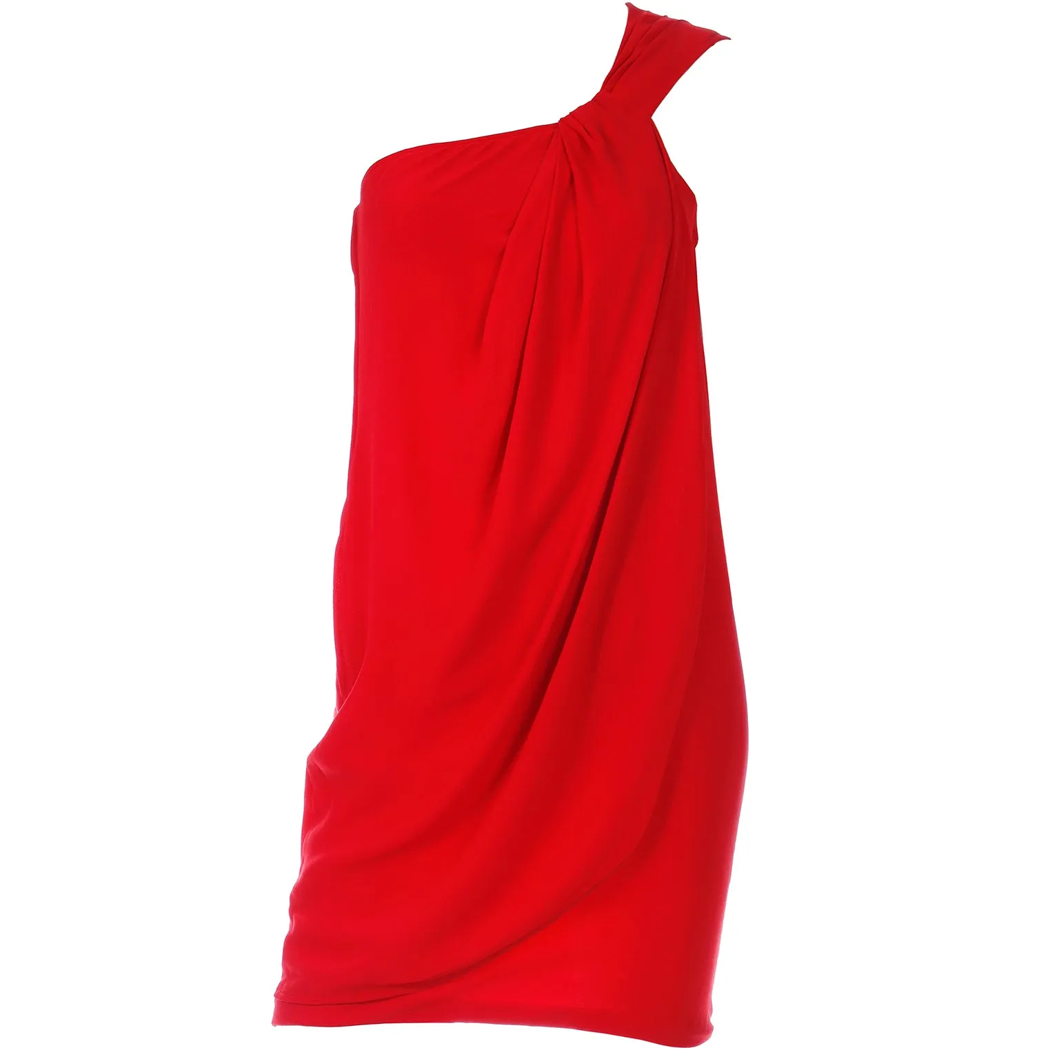 1990s Emanuel Ungaro Parallele Red Silk One Shoulder Dress