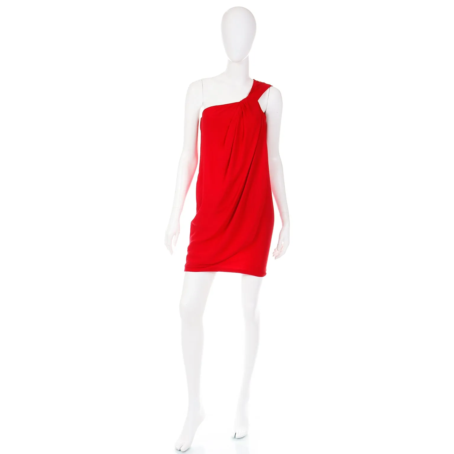 1990s Emanuel Ungaro Parallele Red Silk One Shoulder Dress