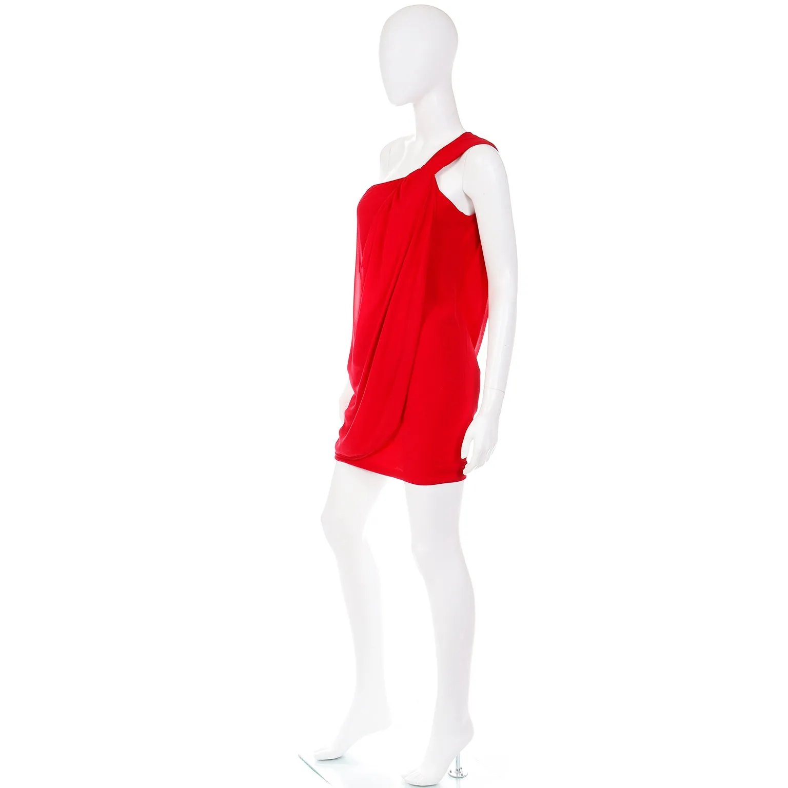 1990s Emanuel Ungaro Parallele Red Silk One Shoulder Dress