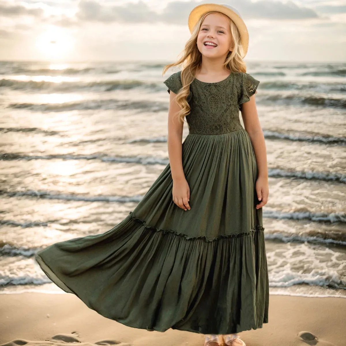 3-14 years Girls Lace Boho Long Dresses, Flower Girls Dress