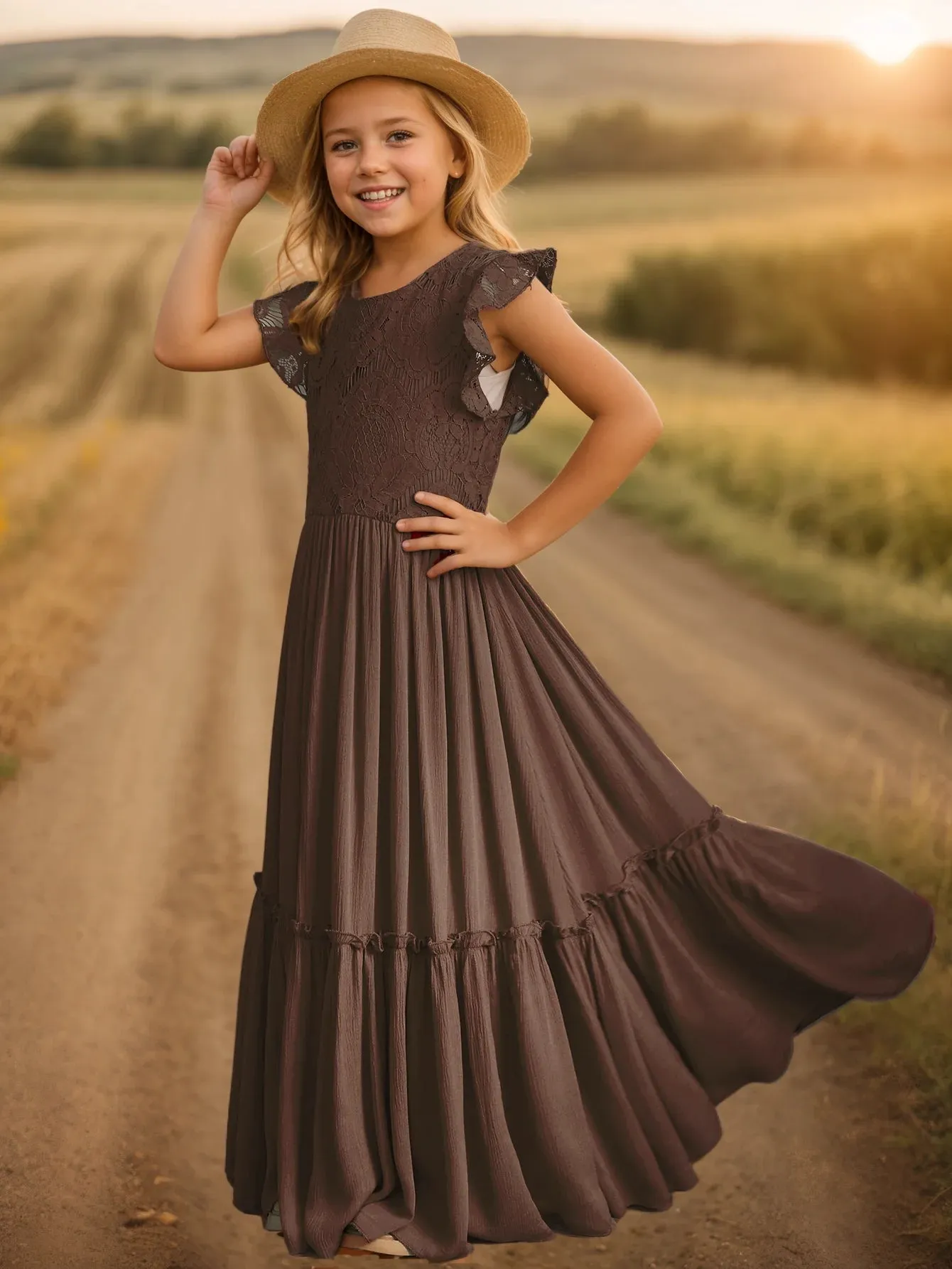 3-14 years Girls Lace Boho Long Dresses, Flower Girls Dress