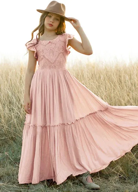 3-14 years Girls Lace Boho Long Dresses, Flower Girls Dress