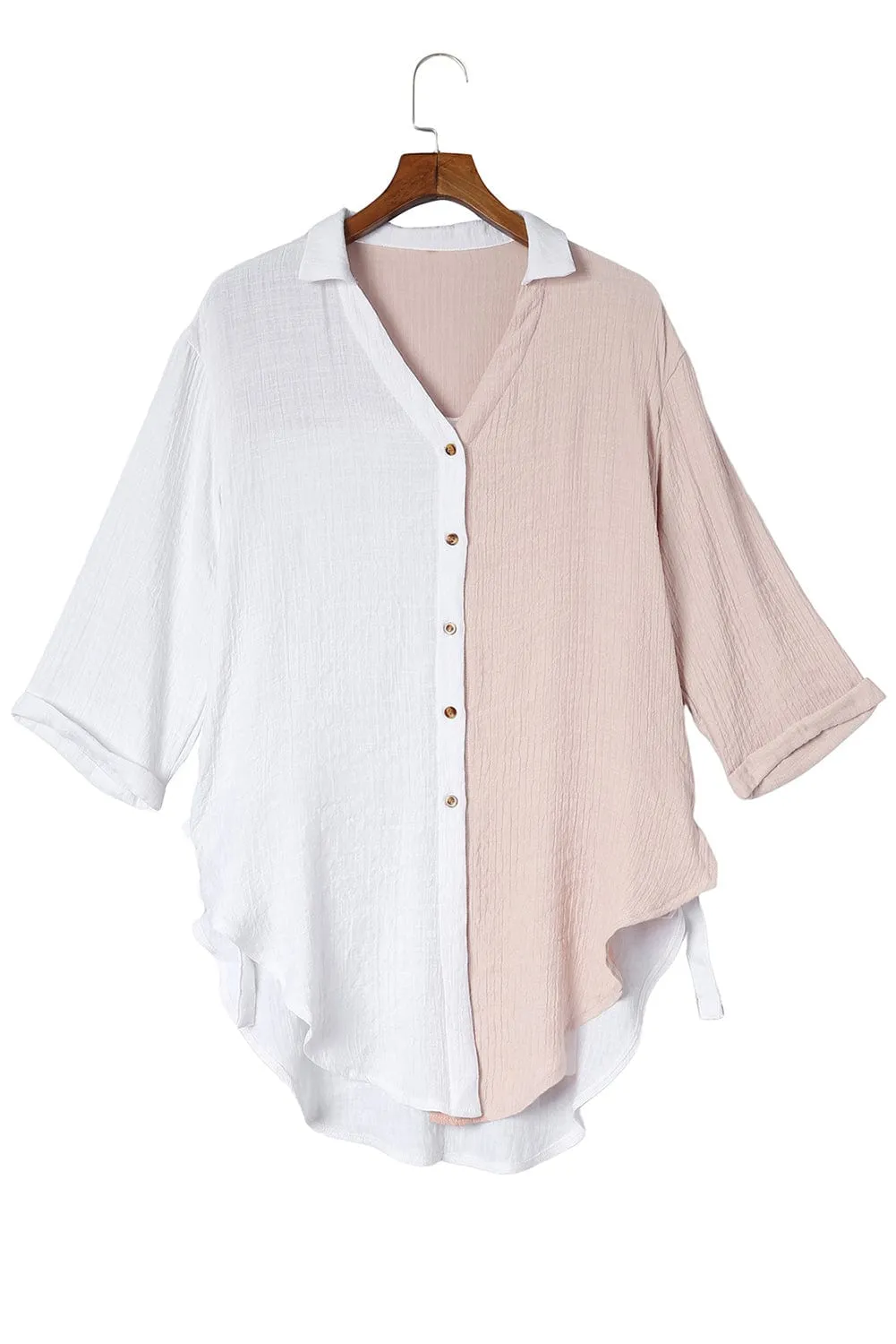 3/4 Sleeve Button-Up Shirt with Contrast Panels