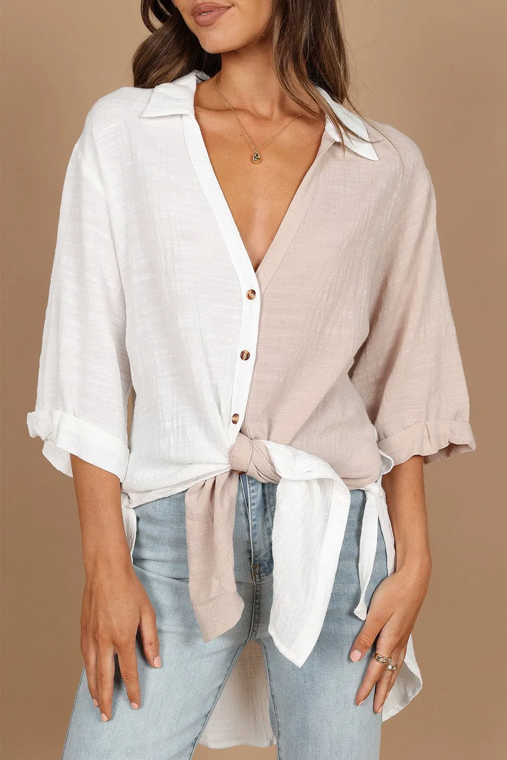 3/4 Sleeve Button-Up Shirt with Contrast Panels