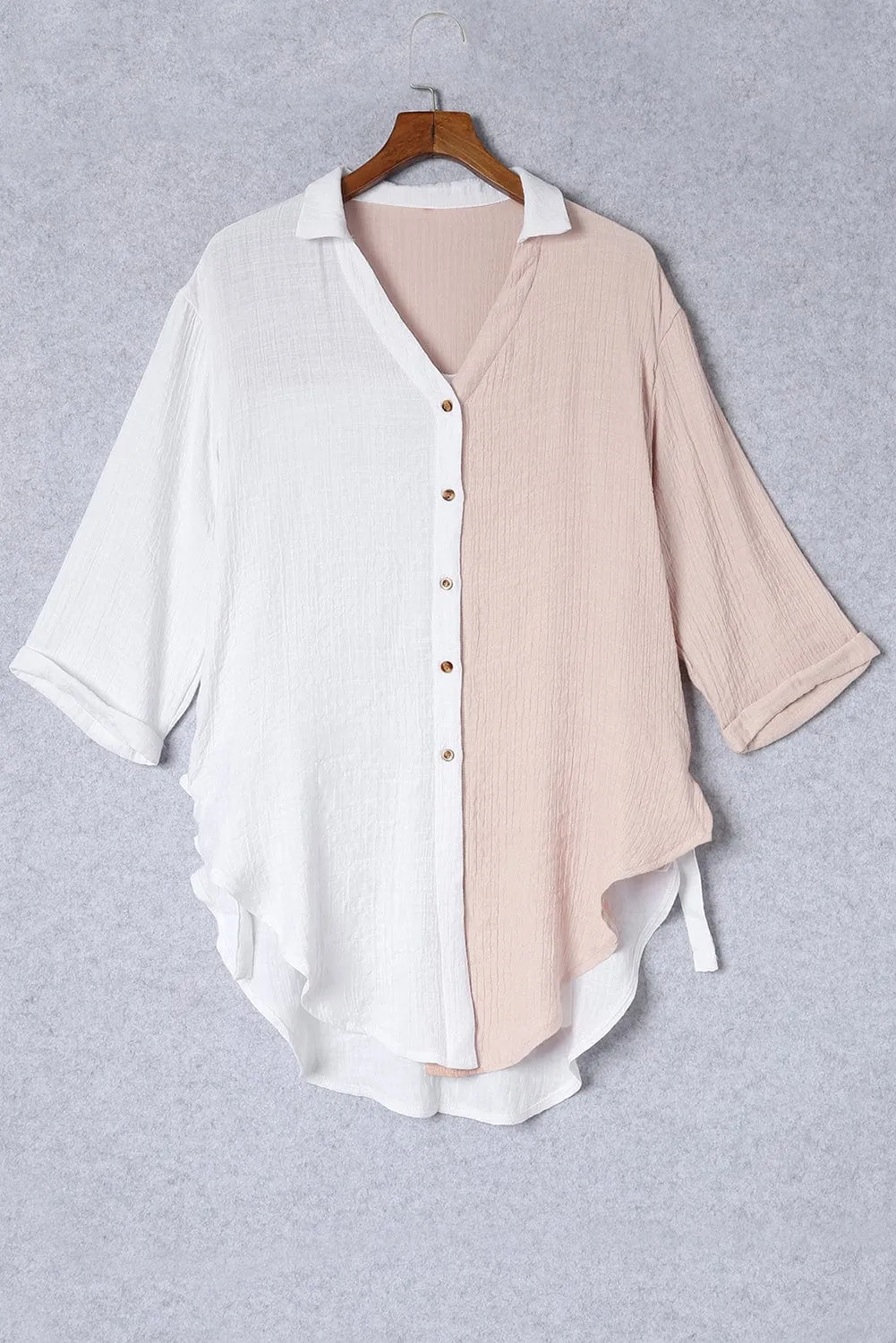 3/4 Sleeve Button-Up Shirt with Contrast Panels