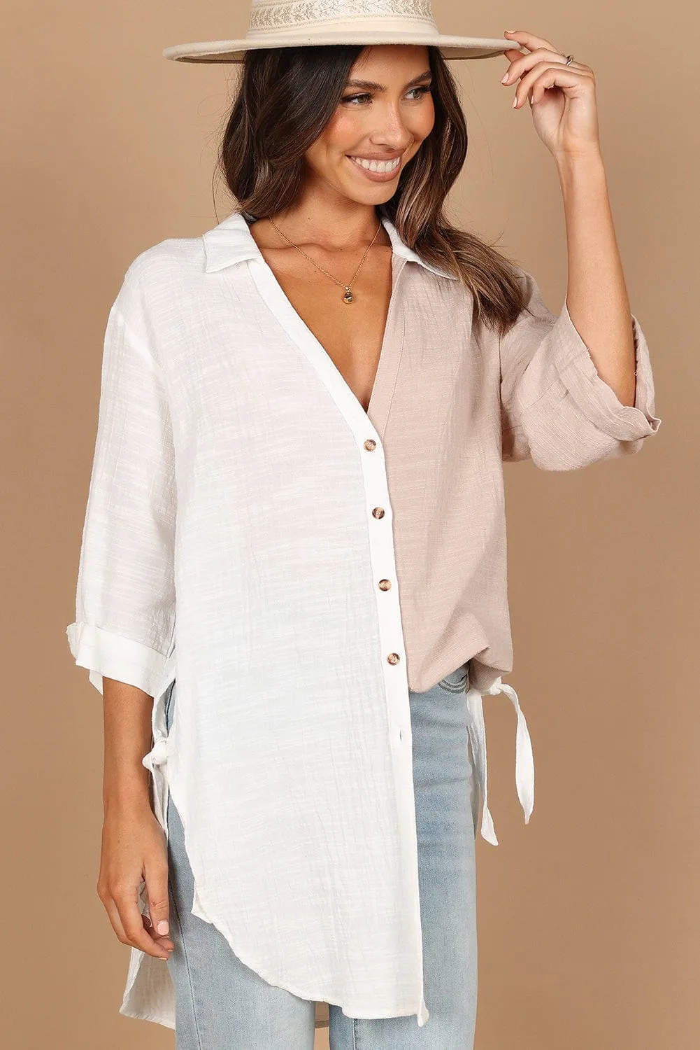 3/4 Sleeve Button-Up Shirt with Contrast Panels