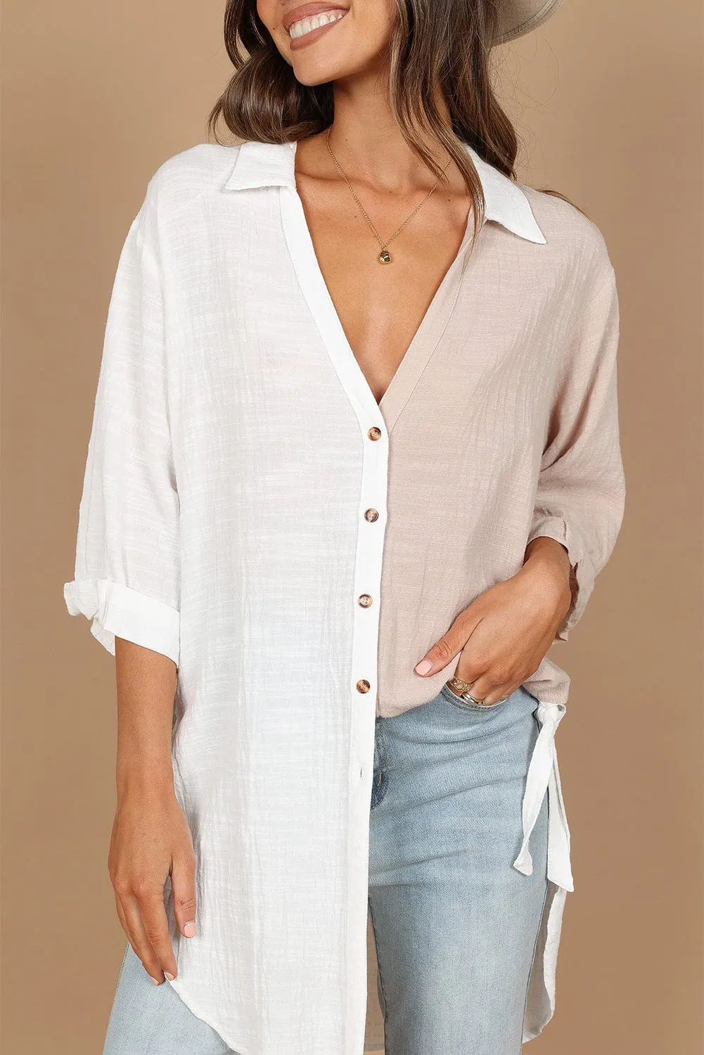 3/4 Sleeve Button-Up Shirt with Contrast Panels