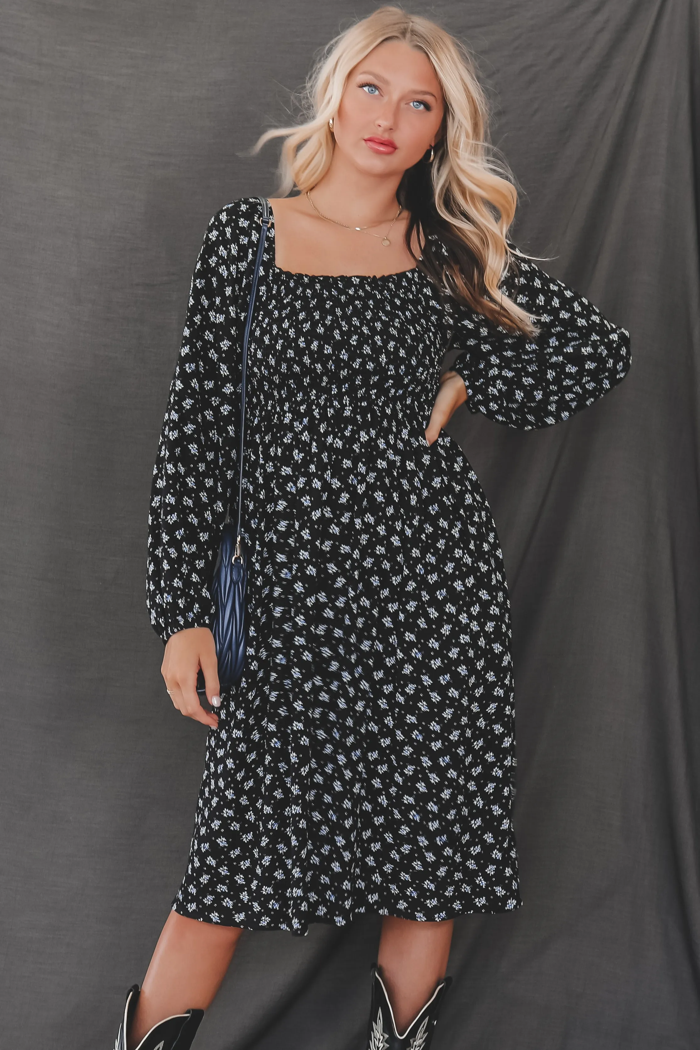 A Blushing Babe Black And Blue Floral Midi Dress