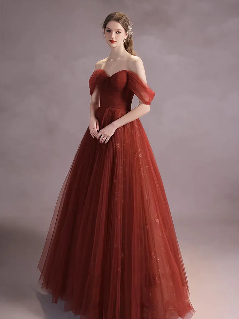 A-Line Off Shoulder Tulle Burgundy Long Prom Dress, Burgundy Long Formal Dress