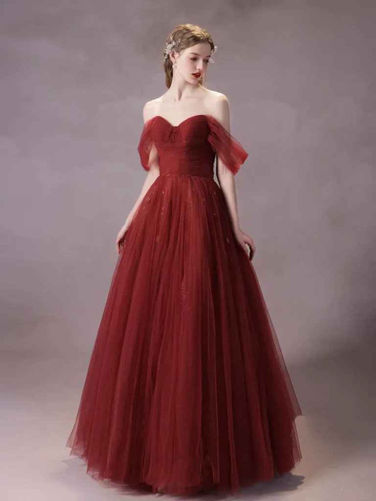 A-Line Off Shoulder Tulle Burgundy Long Prom Dress, Burgundy Long Formal Dress