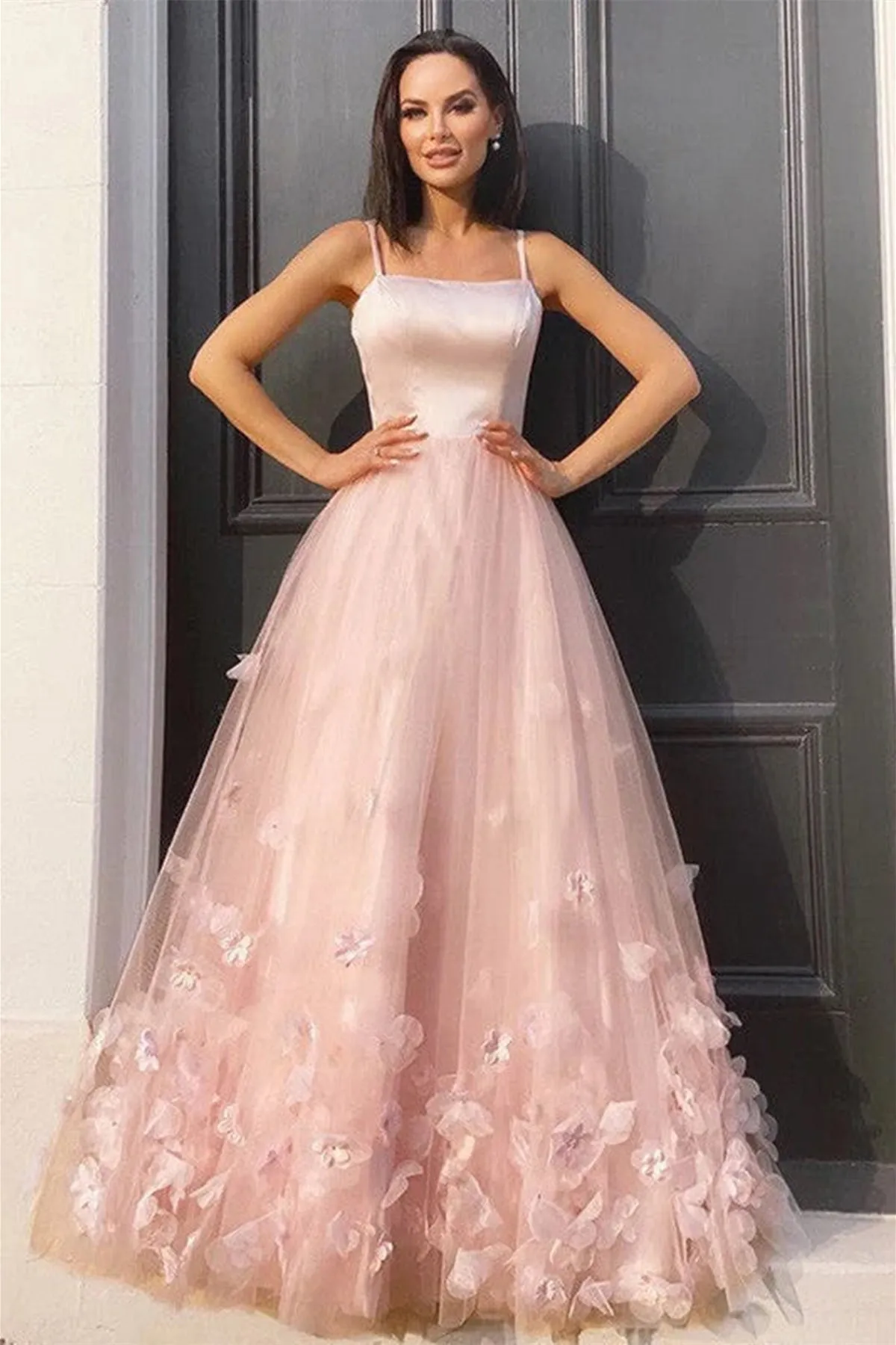 A Line Pink Floral Long Prom Dress, Pink Formal Graduation Evening Dress with 3D Flowers A1712