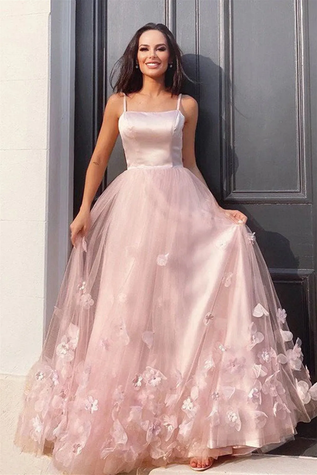 A Line Pink Floral Long Prom Dress, Pink Formal Graduation Evening Dress with 3D Flowers A1712