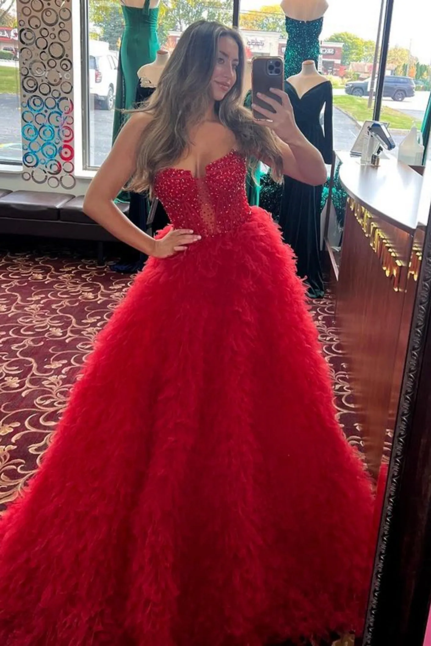 A Line Red Ruffle Tulle Long Prom Dresses with Beading, Beaded Red Formal Evening Dresses A2089