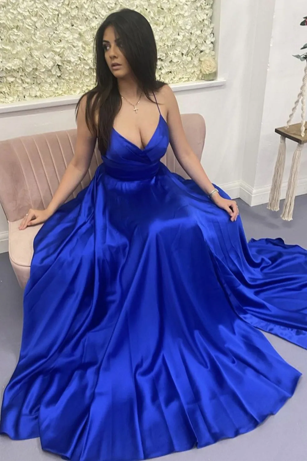 A Line V Neck Backless Royal Blue Satin Long Prom Dress, Open Back Royal Blue Formal Graduation Evening Dress