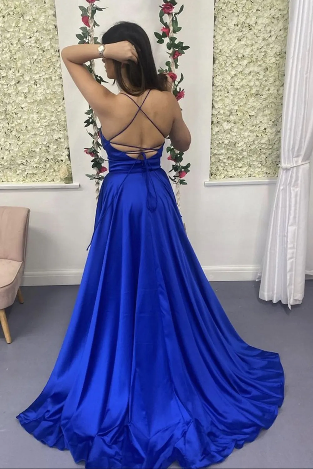 A Line V Neck Backless Royal Blue Satin Long Prom Dress, Open Back Royal Blue Formal Graduation Evening Dress