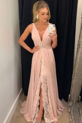 A Line V Neck Beaded Lace Long Pink Prom Dress with High Slit, V Neck Lace Pink Formal Graduation Evening Dress