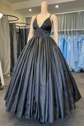 A Line V Neck Black Satin Long Prom Dress with Pocket, V Neck Black Formal Graduation Evening Dress A1735