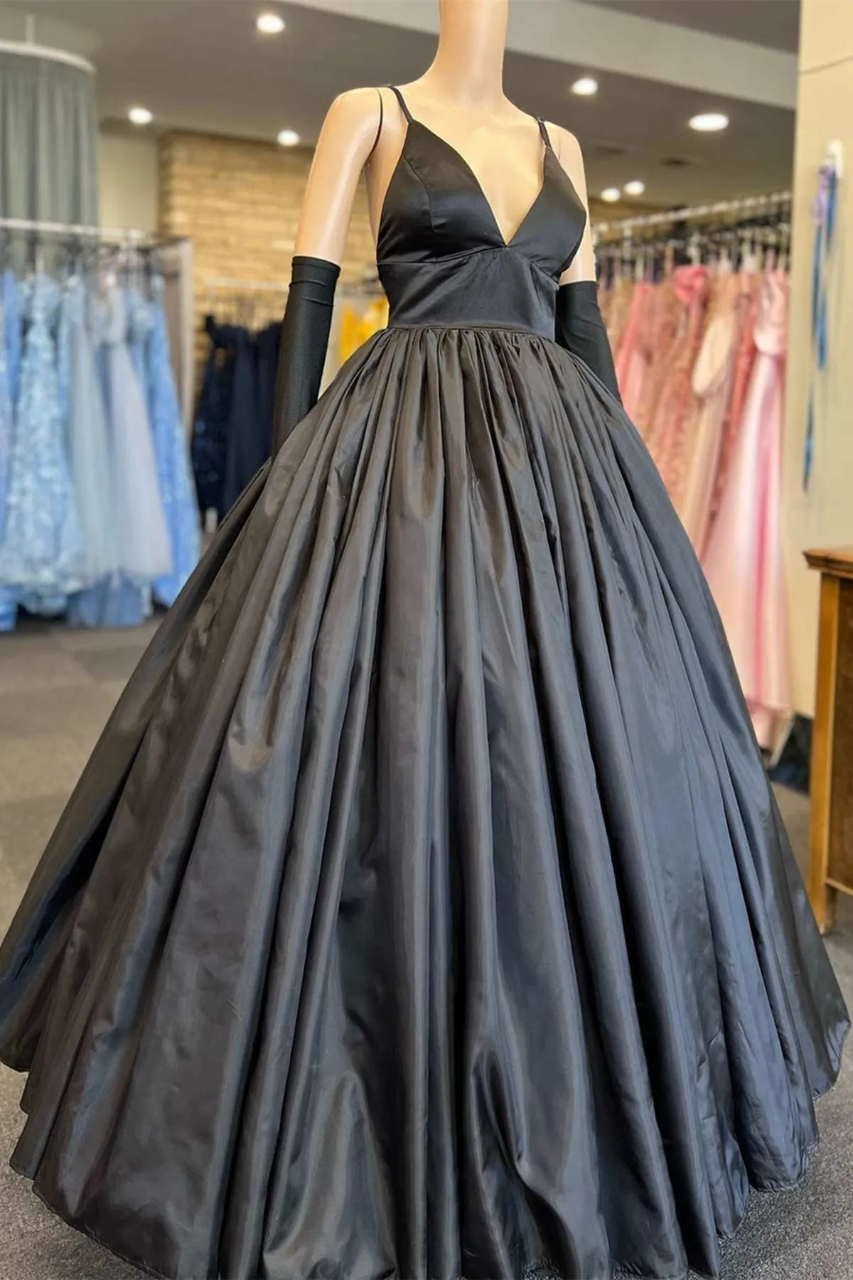 A Line V Neck Black Satin Long Prom Dress with Pocket, V Neck Black Formal Graduation Evening Dress A1735