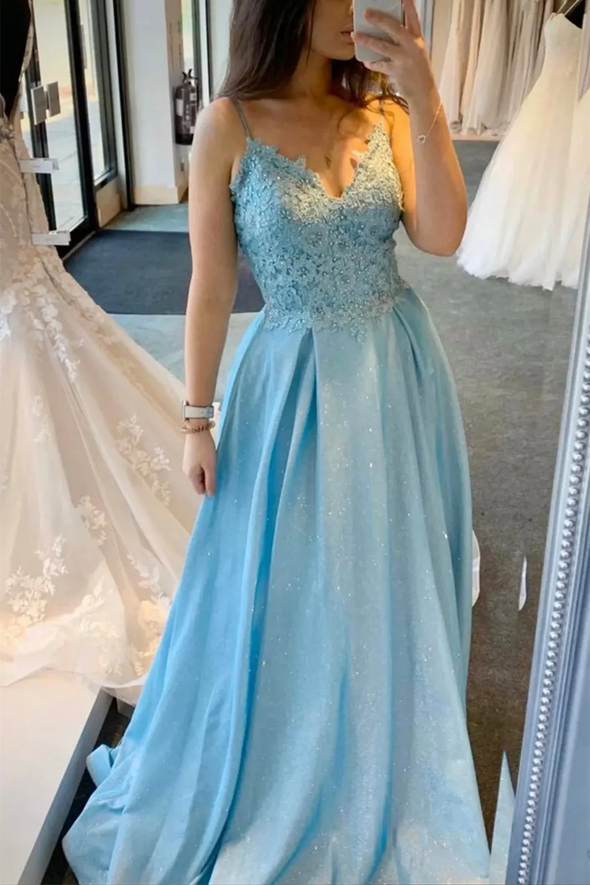 A Line V Neck Blue Lace Long Prom Dress, Blue Lace Formal Graduation Evening Dress A1618