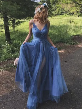 A Line V Neck Blue Long Prom, V Neck Long Blue Formal Graduation Evening