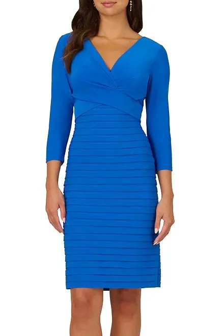 Adrianna Papell Jersey Sheath V Neck 3/4 Sleeve Banded Stretch Dress