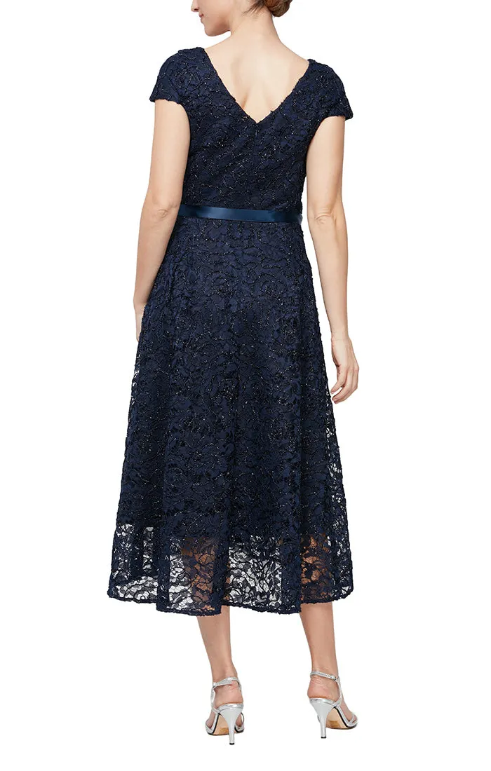 Alex Evenings V-Neck Cap Sleeve Tie Waist A-Line Lace Dress