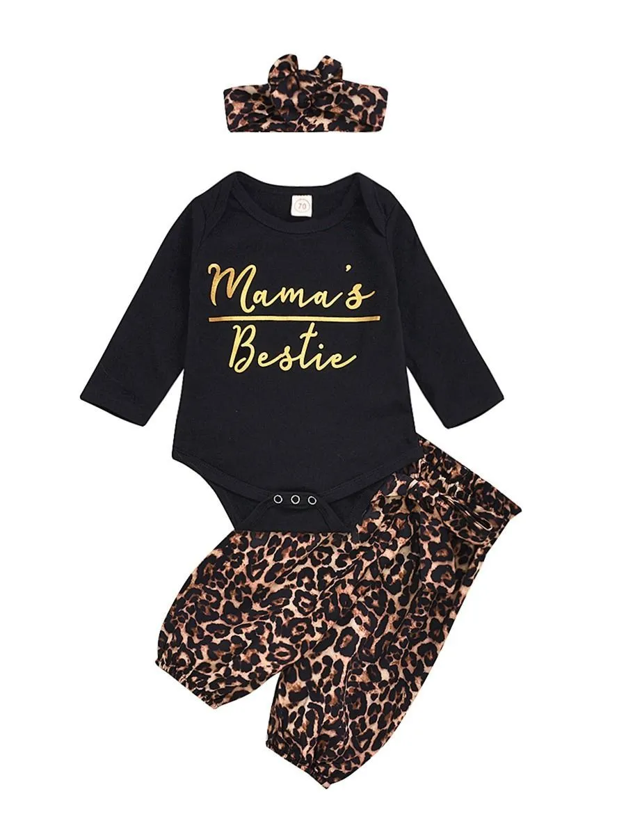 Baby Girl 3-Piece Mama's Bestie Leopard Print Set Onesie Pants Headband