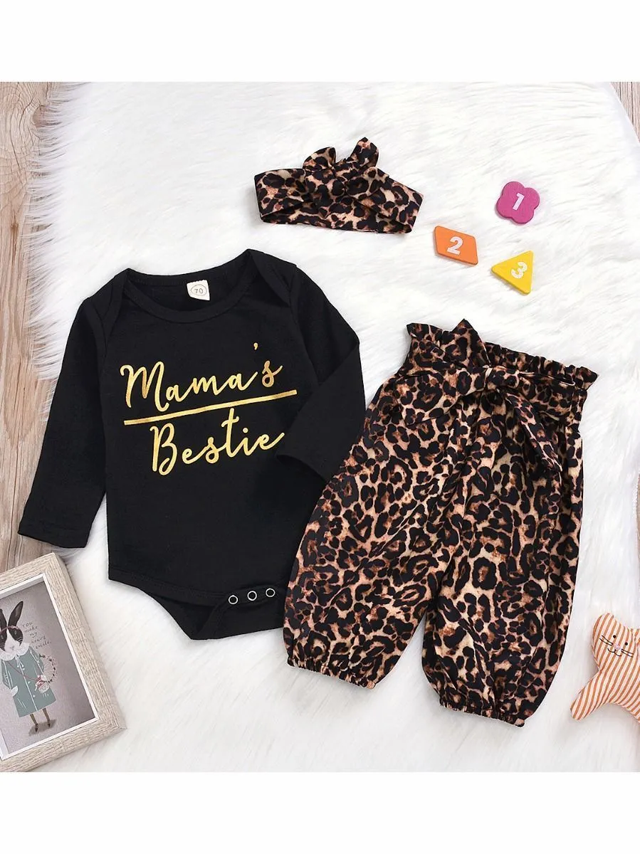 Baby Girl 3-Piece Mama's Bestie Leopard Print Set Onesie Pants Headband