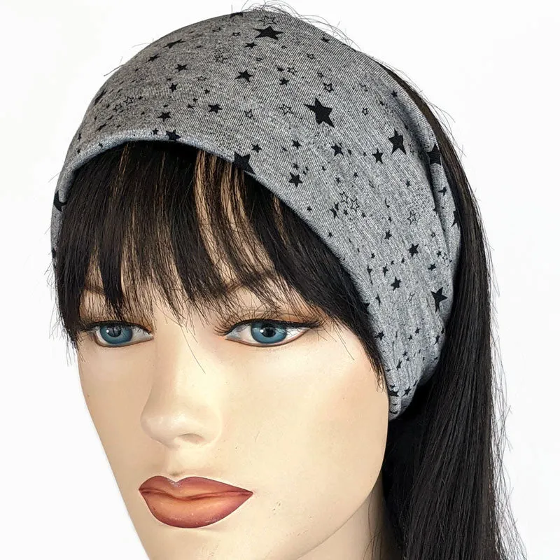 Bamboo blend wide turban style comfy wide knit headband, black stars on grey