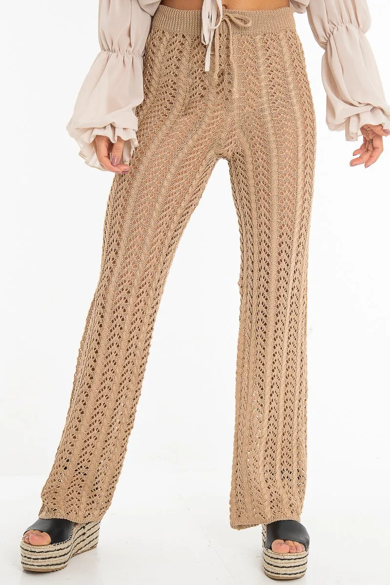 Beige Open Knit Tie Waist Flared Trousers - Nadine