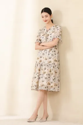 Beige Printed Flower Pattern Waist Midi Dress