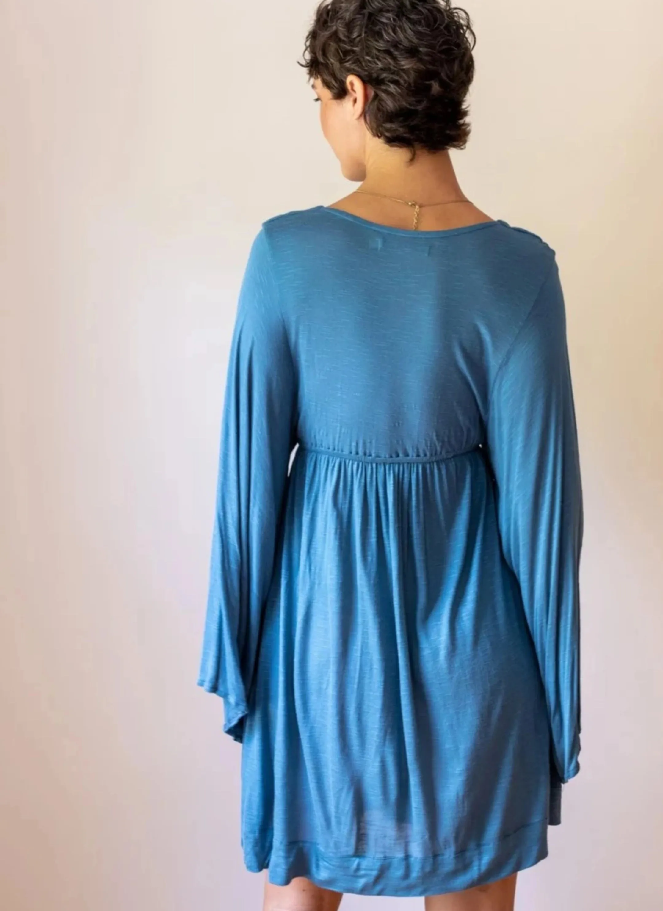 Bell Sleeve Goddess Dress Short in Slate Blue