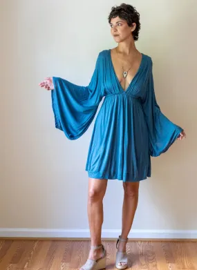 Bell Sleeve Goddess Dress Short in Slate Blue