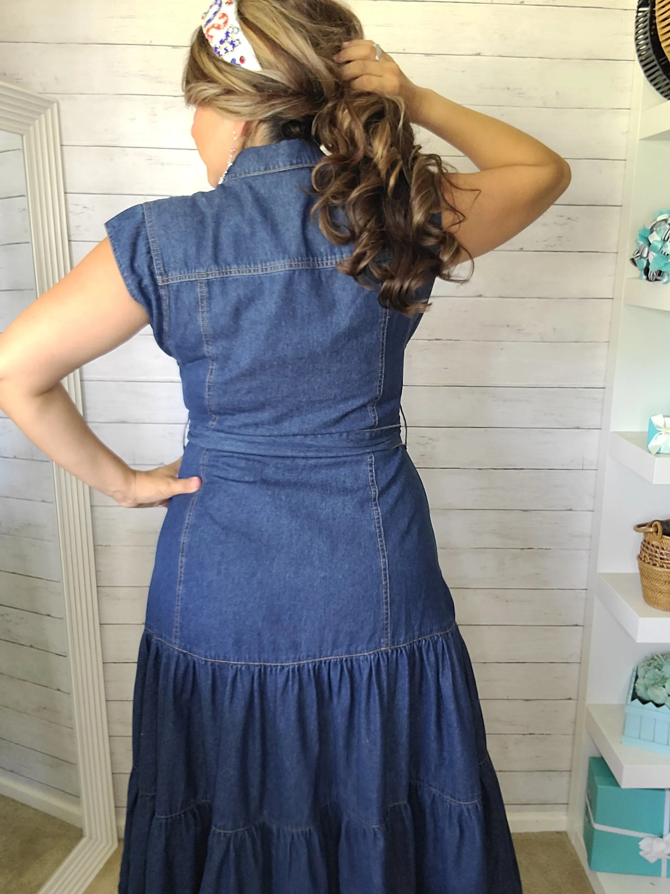 Belted Button Up Tiered Midi Denim Midi Dress