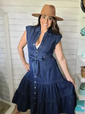 Belted Button Up Tiered Midi Denim Midi Dress