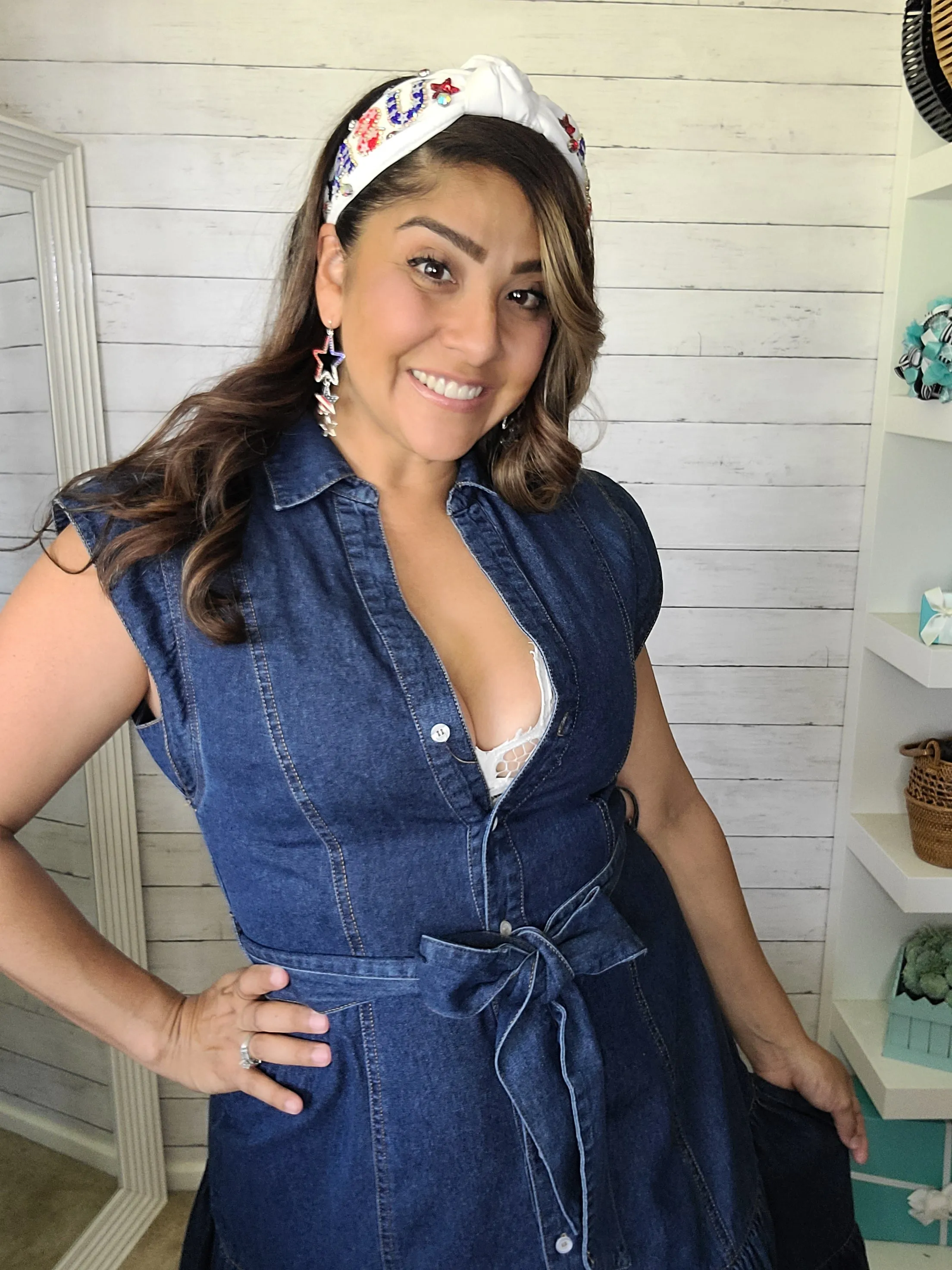 Belted Button Up Tiered Midi Denim Midi Dress