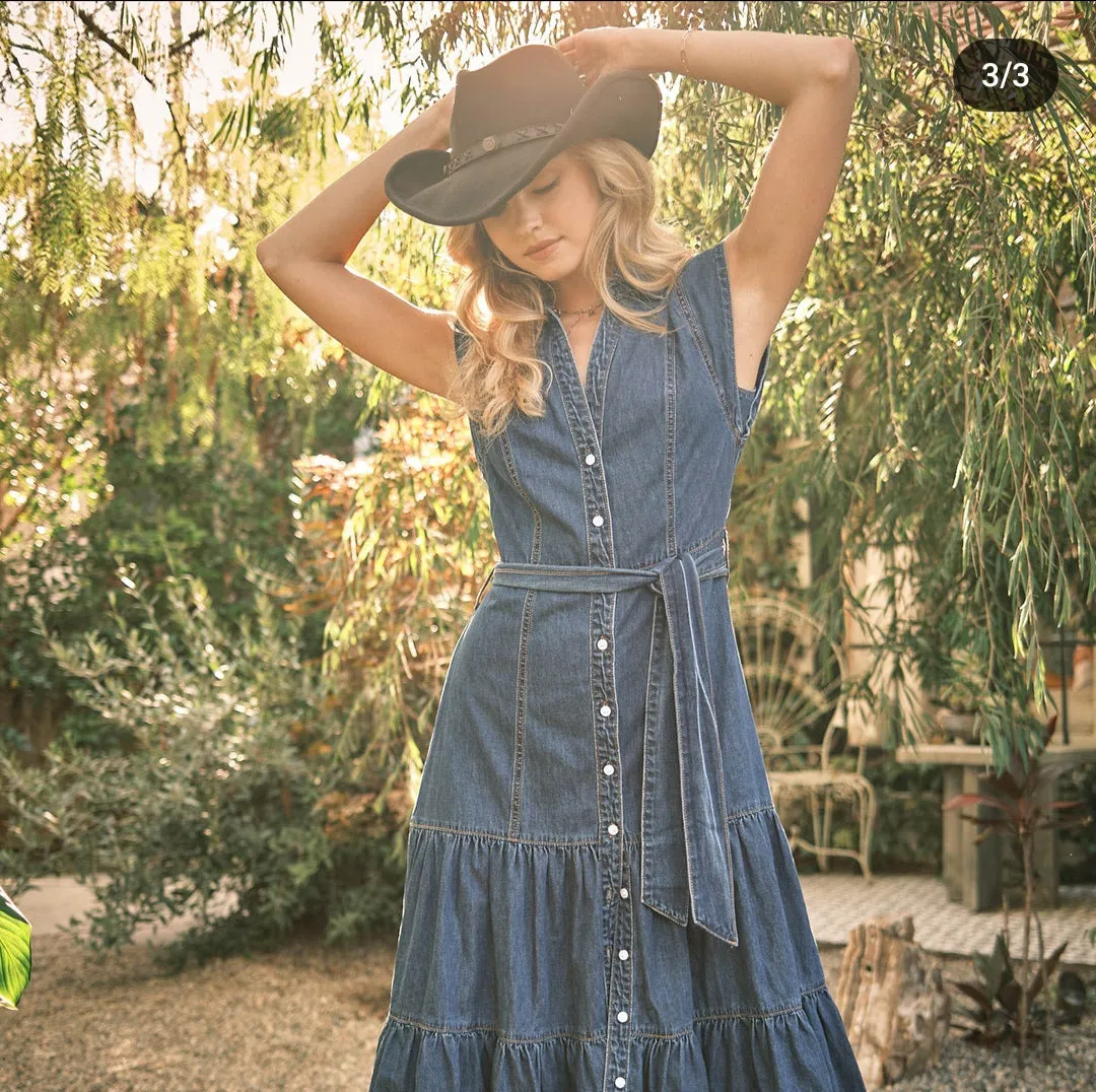 Belted Button Up Tiered Midi Denim Midi Dress