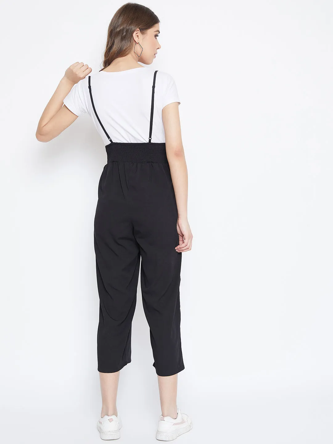 Berrylush Women Solid Black Smocked Back Tie-Up Capri Jumpsuit