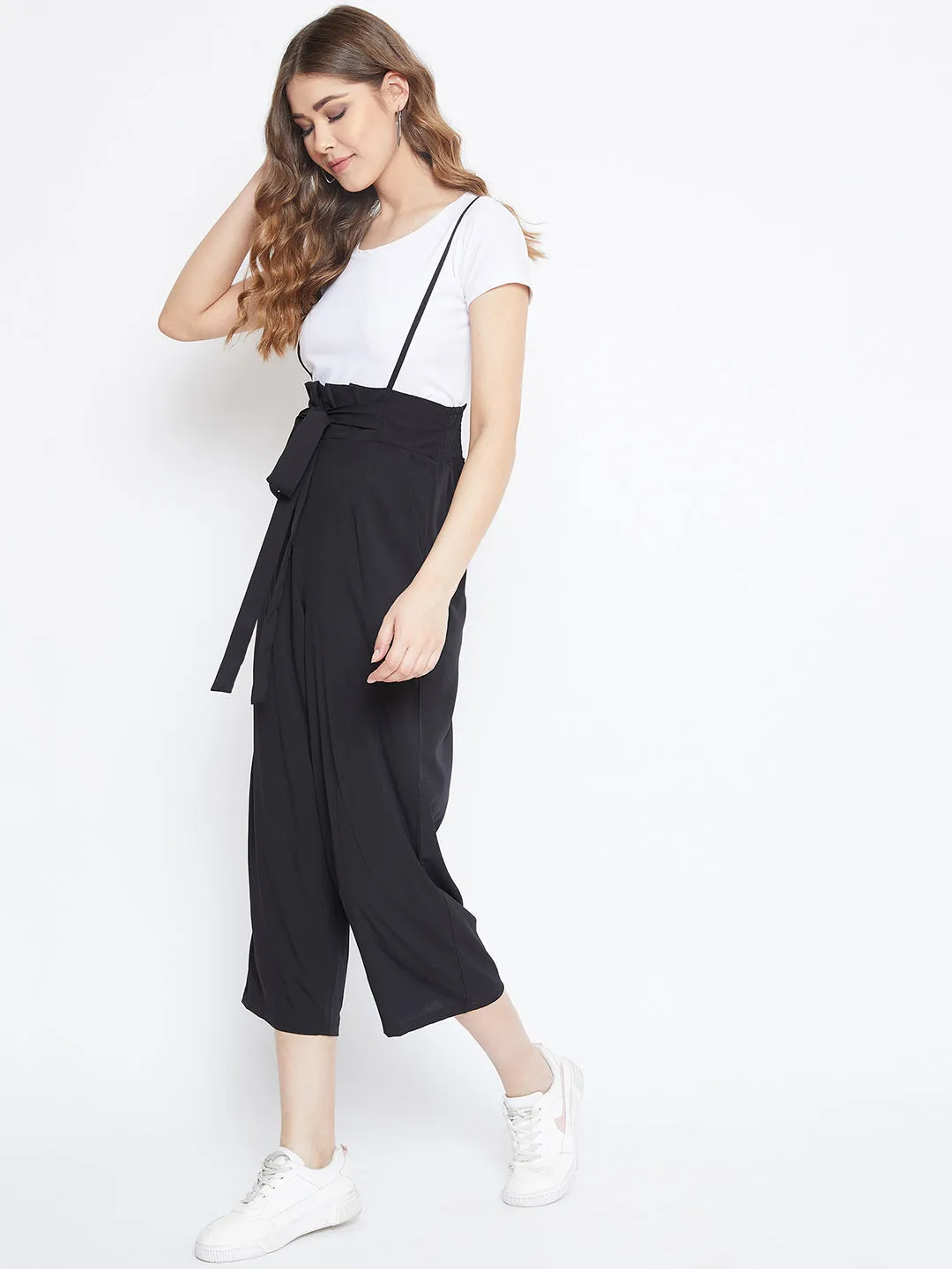 Berrylush Women Solid Black Smocked Back Tie-Up Capri Jumpsuit