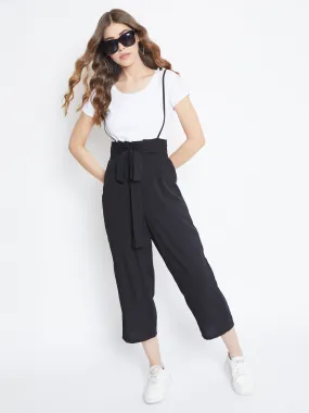 Berrylush Women Solid Black Smocked Back Tie-Up Capri Jumpsuit