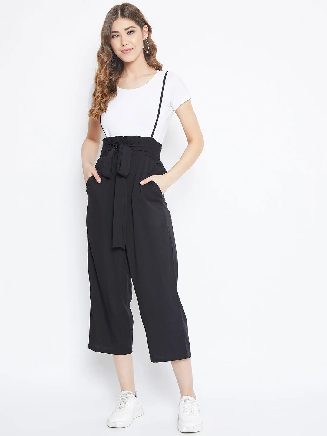 Berrylush Women Solid Black Smocked Back Tie-Up Capri Jumpsuit