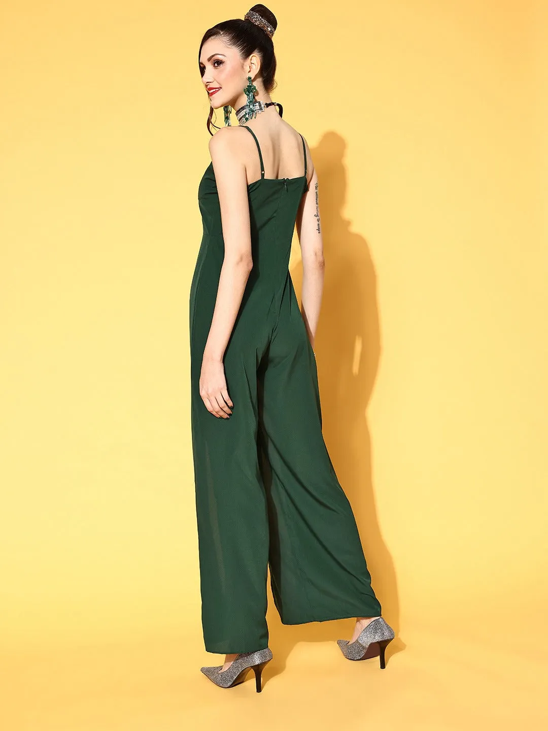 Berrylush Women Solid Green Sweetheart Neck Double-High Slit Culotte Jumpsuit