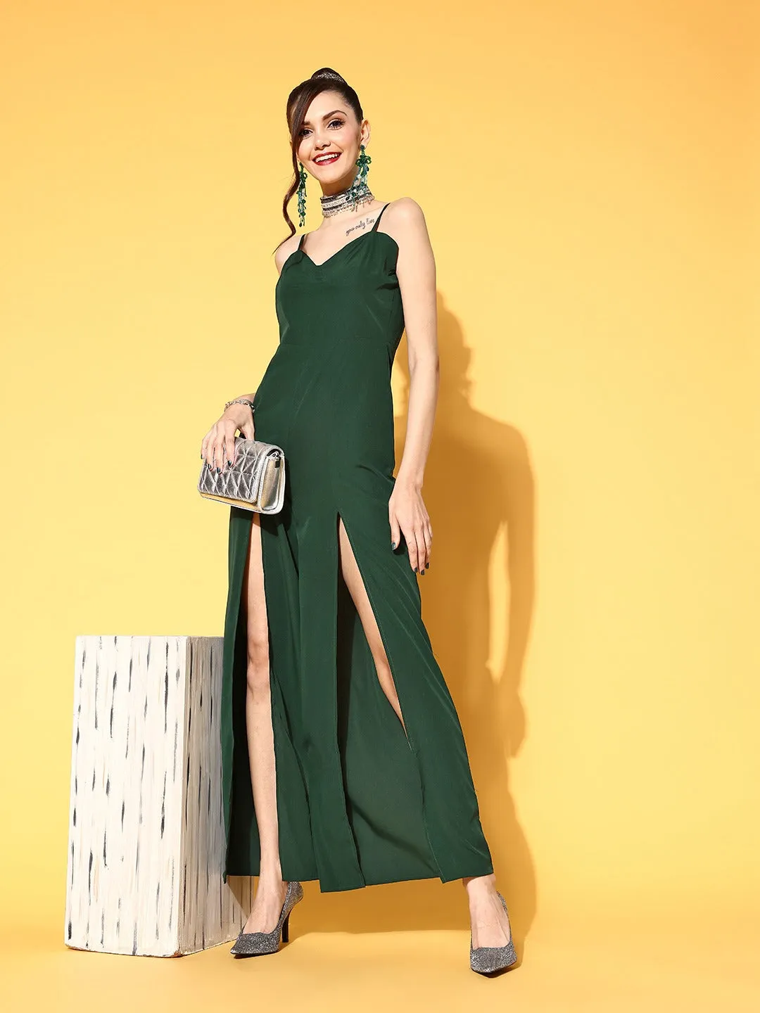 Berrylush Women Solid Green Sweetheart Neck Double-High Slit Culotte Jumpsuit