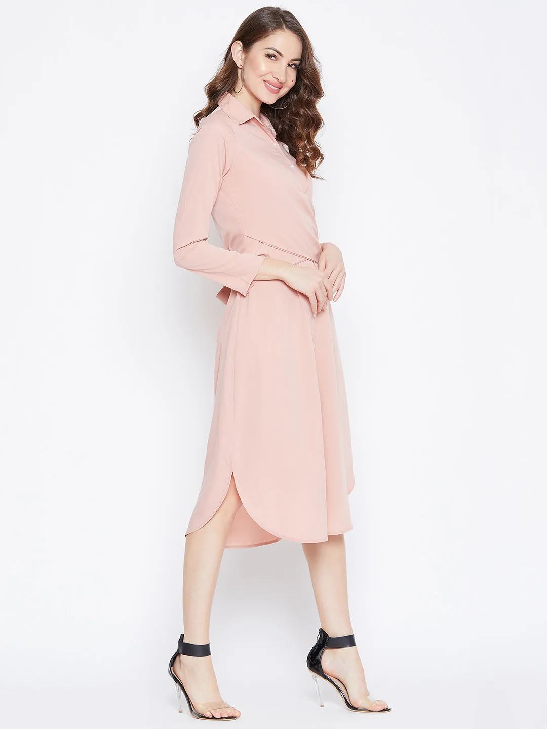 Berrylush Women Solid Pink Collared Neck Button-Up Curved Midi Shirt Dress