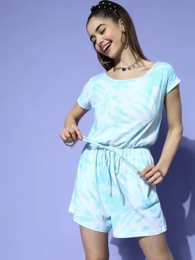 Berrylush Women Turquoise Blue & White Tie-Dye Printed Round Neck Two-Pocket Tie-Up Waist Cotton Mini Jumpsuit