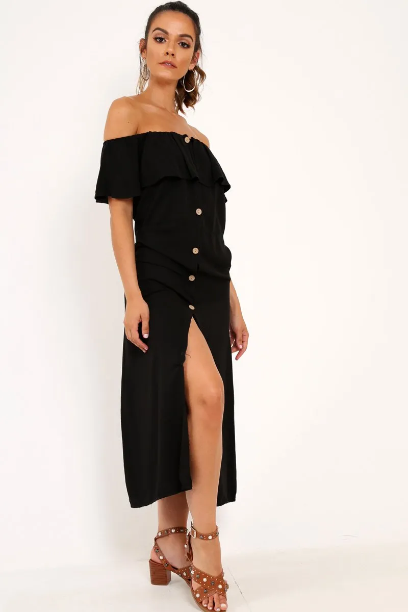 Black Bardot Frill Button Front Midi Dress - Clancy