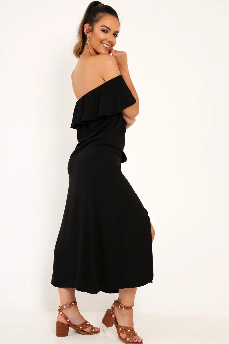 Black Bardot Frill Button Front Midi Dress - Clancy